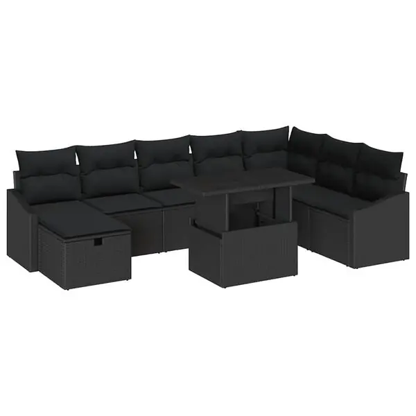 risnedsättning vidaXL Trädgårdsoffset med kudde med lagring 9 pcs Svart Poly rattan