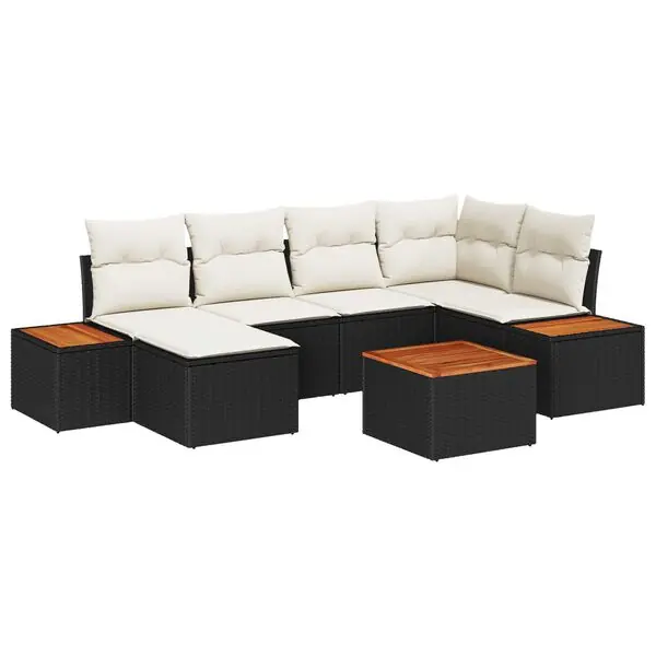 Trygg betalning vidaXL Trädgårdsoffset med kudde 7 pcs Svart och kräm Polyrattan