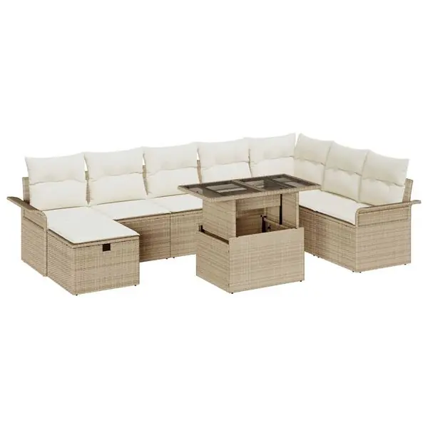 Endast idag vidaXL Trädgårdsoffset med kudde med lagring 9 pcs Beige Poly rattan