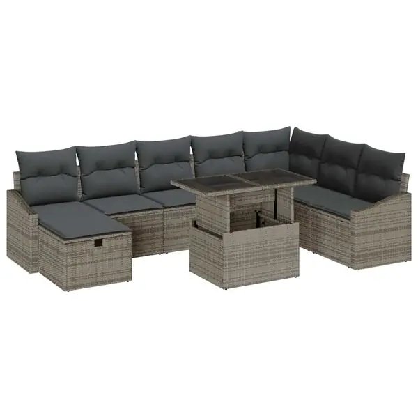 Begränsat antal vidaXL Trädgårdsoffset med kudde med lagring 9 pcs Grå Poly rattan