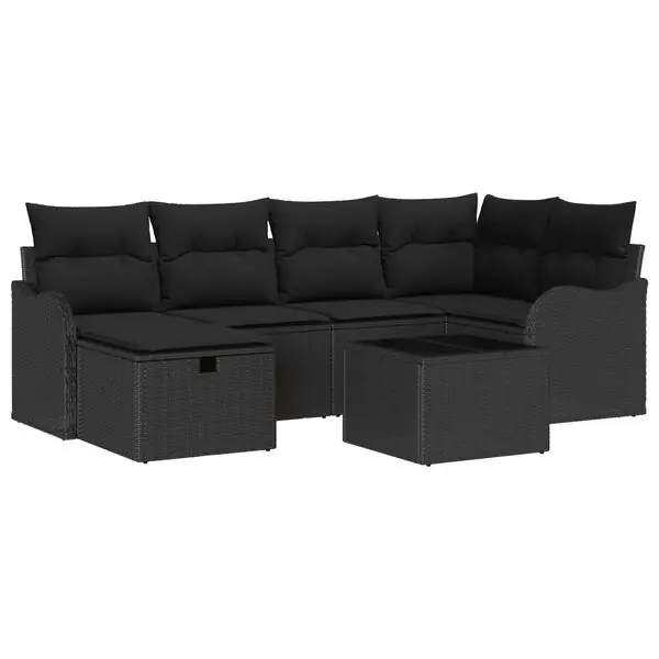 Köp online vidaXL Trädgårdsoffset med kudde med lagring 7 pcs Svart Poly rattan