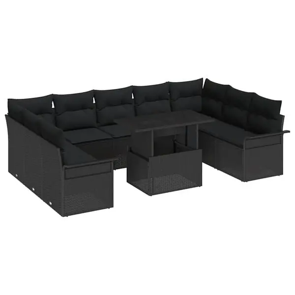 vidaXL Trädgårdsoffset med kudde 10 pcs Svart Poly rattan Begränsad tid