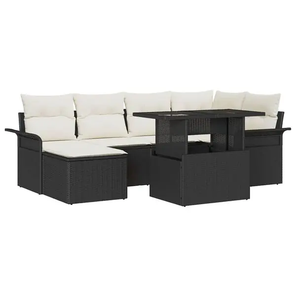 Begränsat antal vidaXL Trädgårdsoffset med kudde 7 pcs Svart Poly rattan