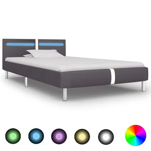 vidaXL Sängram med LEDs utan madrass grå konstläder 90x200 cm Rabatt