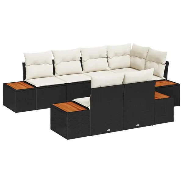 Sänkt pris vidaXL Trädgårdsoffset med kudde 7 pcs Svart och kräm Polyrattan