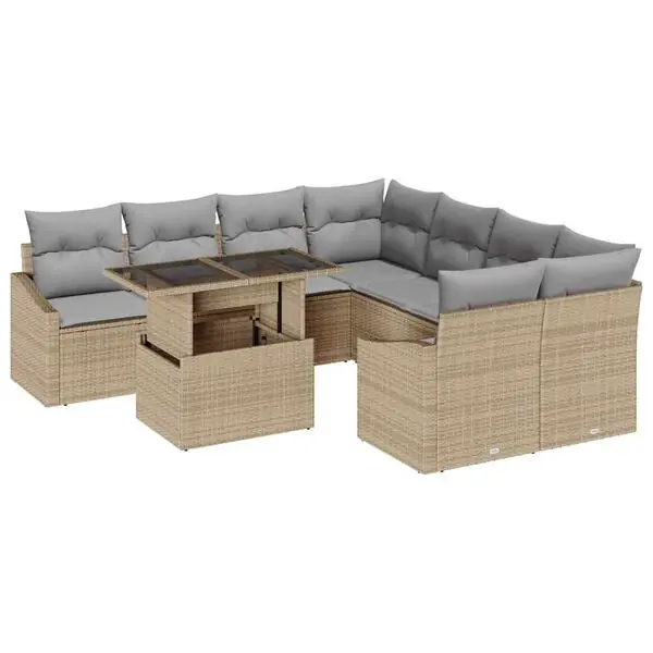 Billigare vidaXL Trädgårdsoffset med lagring 9 pcs Beige Poly rattan