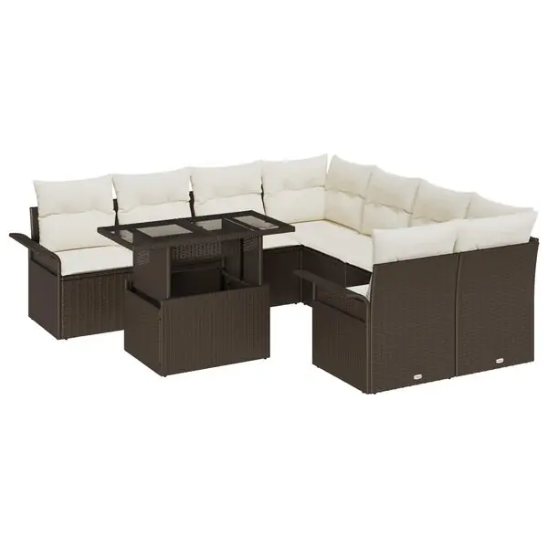 vidaXL Trädgårdsoffset med kudde med lagring 9 pcs Brun Poly Rattan Kampanj