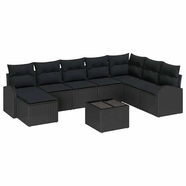 Extra rabatt vidaXL Trädgårdsoffset med kudde 9 pcs Svart Poly rattan
