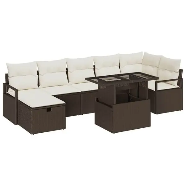 vidaXL Trädgårdsoffset med kudde med lagring 8 pcs Brun Poly rattan Expressleverans