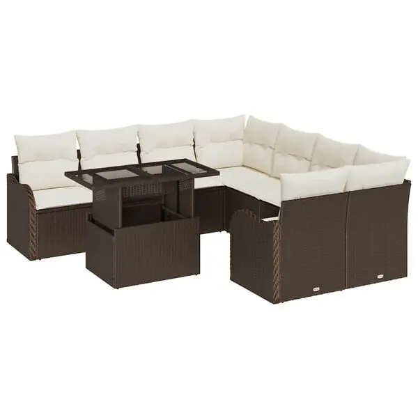 vidaXL Trädgårdsoffset med kudde med kudde 9 pcs Brun Polyrattan Snabb leverans