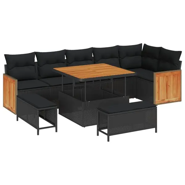 vidaXL Trädgårdsoffset 9 pcs Svart Poly Rattan och Pulverlackerad Stål Sänkt pris