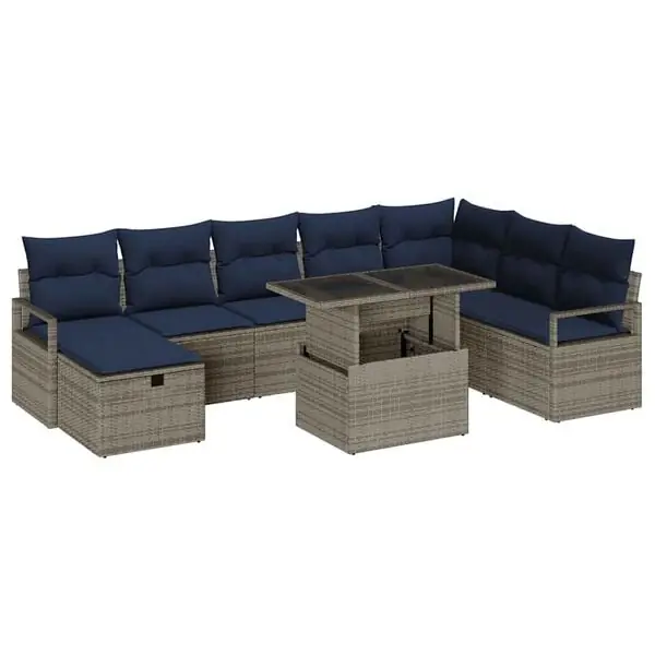 vidaXL Trädgårdsoffset med kudde med lagring 9 pcs Grå Poly rattan Beställ nu