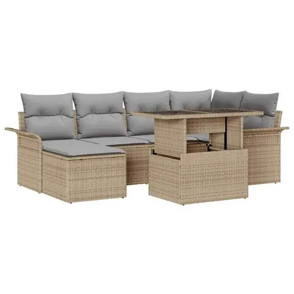 Premium vidaXL Trädgårdsoffset med kudde 7 pcs Beige Poly rattan