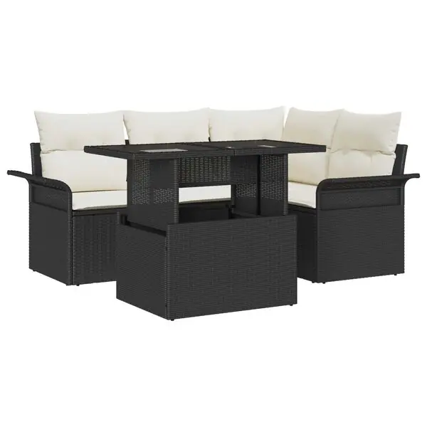 vidaXL Trädgårdsoffset med kudde med lagring 5 pcs Svart Poly Rattan Erbjudande