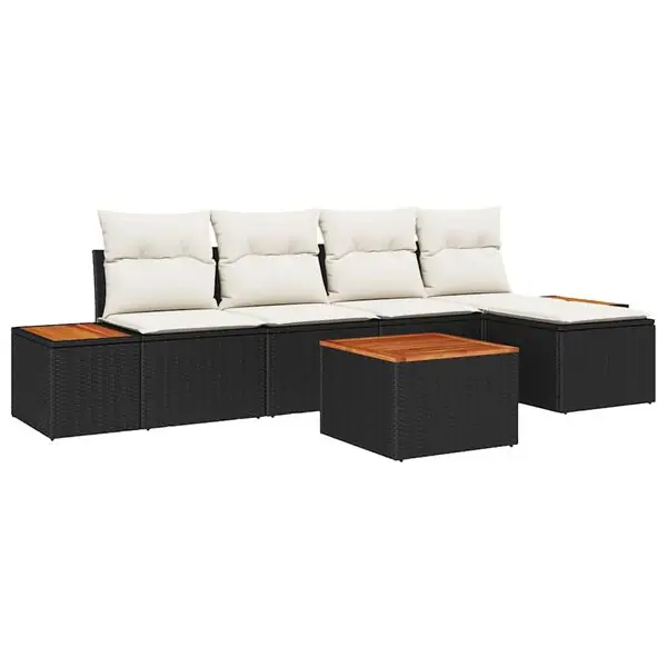 Erbjudandepris vidaXL Trädgårdsoffset med kudde 6 pcs Svart och kräm Polyrattan