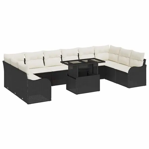 vidaXL Trädgårdsoffset med kudde 11 pcs Svart Poly rattan Rea