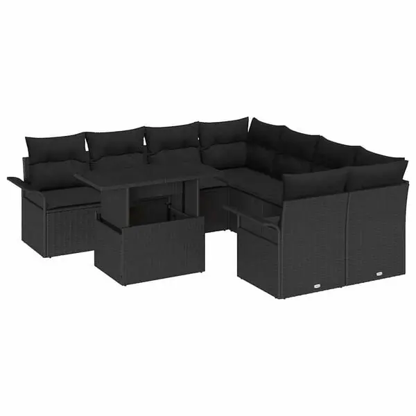 vidaXL Trädgårdsoffset med kudde 9 pcs Svart Poly rattan Fynd