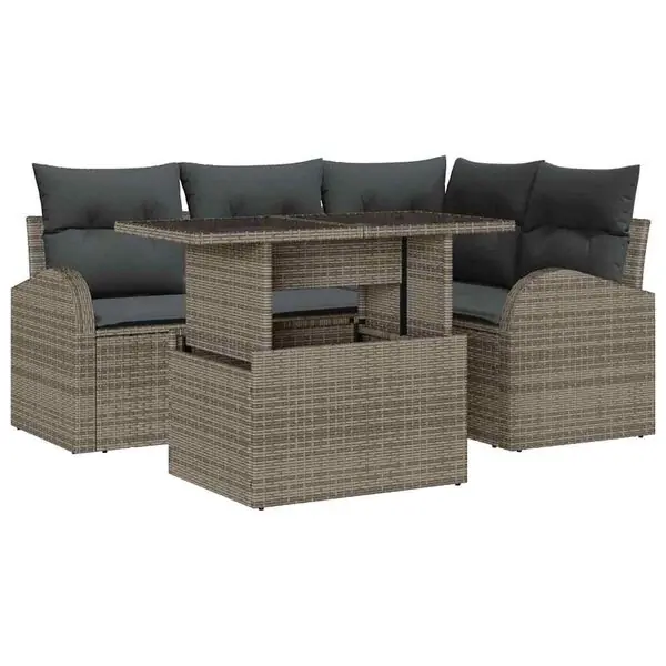 Rabatt vidaXL Trädgårdsoffset med kudde 5 pcs Grå Poly rattan