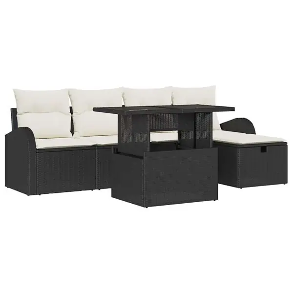 vidaXL Trädgårdsoffset med kudde med lagring 6 pcs Svart Poly rattan Begränsat antal