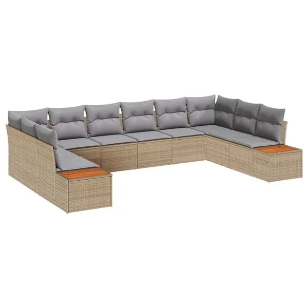 vidaXL Trädgårdsoffset med kudde 10 pcs Beige Poly rattan risnedsättning