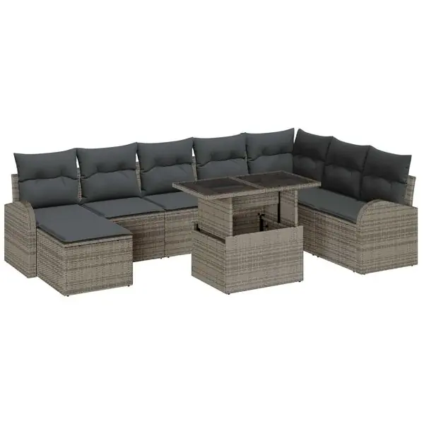 vidaXL Trädgårdsoffset med lagring 9 pcs Grå Poly rattan Rabatter