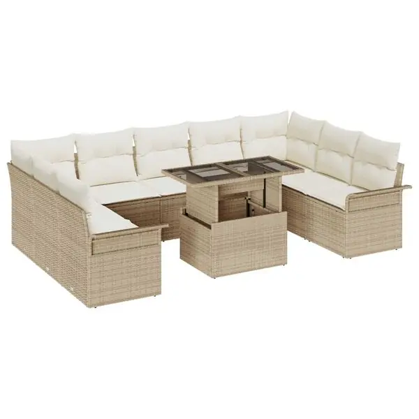 Beställ idag vidaXL Trädgårdsoffset med kudde med kudde 10 pcs Beige Poly Rattan