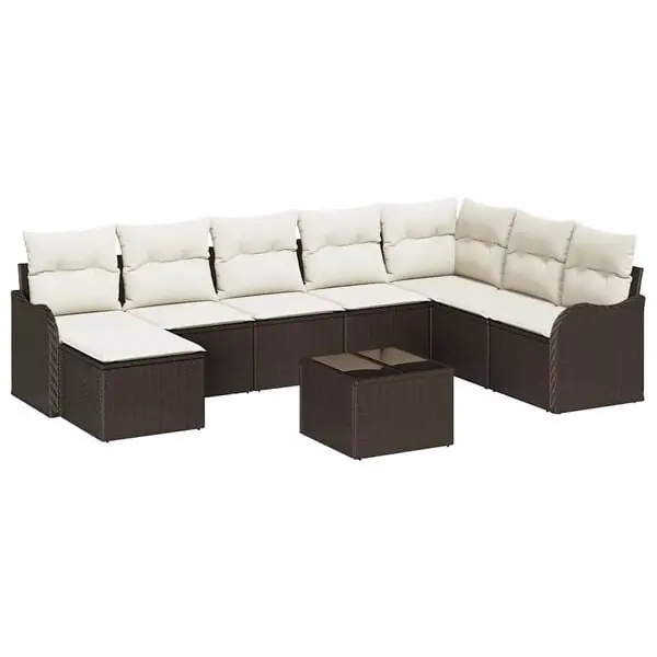 vidaXL Trädgårdsoffset med kudde 9 pcs Brun Poly rattan Lägg i varukorgen