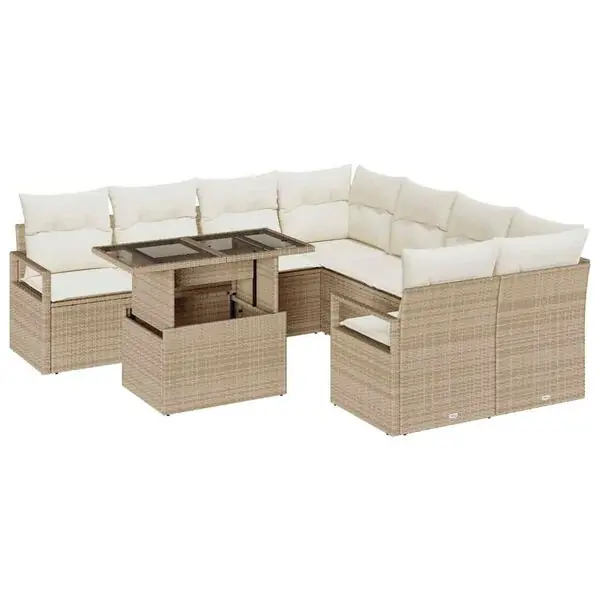 risnedsättning vidaXL Trädgårdsoffset med kudde med lagring 9 pcs Beige Poly rattan