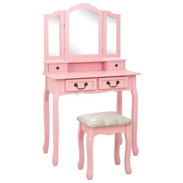 vidaXL Sminkbord med pall rosa 80x69x141 cm paulowniaträ Säker betalning