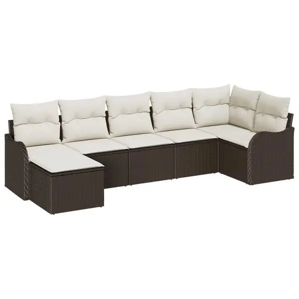 Nyhet vidaXL Trädgårdsoffset med kudde 7 pcs Brun och vit Poly rattan