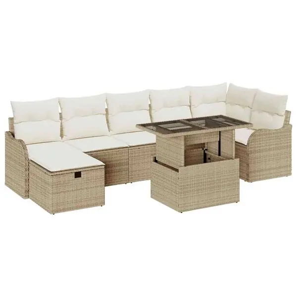 Extra rabatt vidaXL Trädgårdsoffset med kudde med lagring 8 pcs Beige Poly rattan