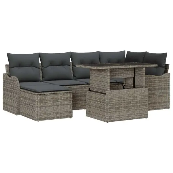 Billigare vidaXL Trädgårdsoffset med kudde med lagring 7 pcs Grå Poly rattan