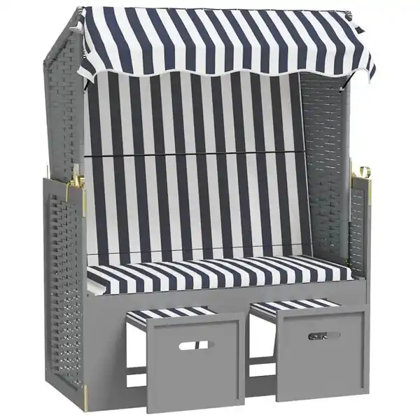 vidaXL Strandkorg med tak konstrottning och massivt trä blå&vit Begränsad tid