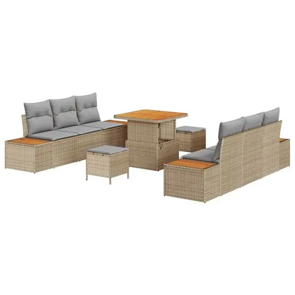 vidaXL Trädgårdsoffset med kudde med lagring 9 pcs Beige Poly rattan Populärt val