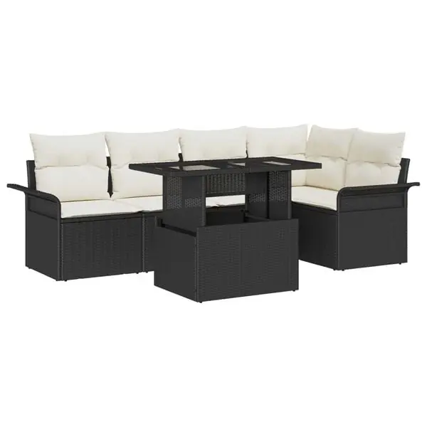vidaXL Trädgårdsoffset med kudde med lagring 6 pcs Svart Poly rattan Nyhet