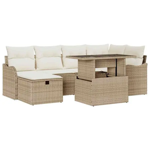 Fynd vidaXL Trädgårdsoffset med kudde med lagring 7 pcs Beige Poly rattan