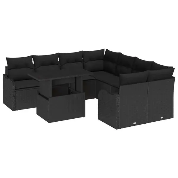 vidaXL Trädgårdsoffset med kudde med kudde 9 pcs Svart Polyrattan Bästa pris