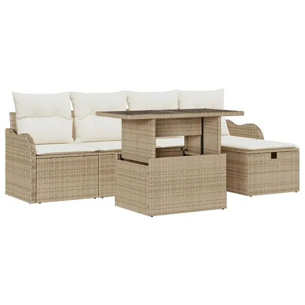 vidaXL Trädgårdsoffset med kudde med lagring 6 pcs Beige Poly rattan Utförsäljning
