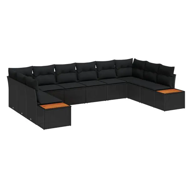 Premium vidaXL Trädgårdsoffset med kudde 10 pcs Svart Poly rattan