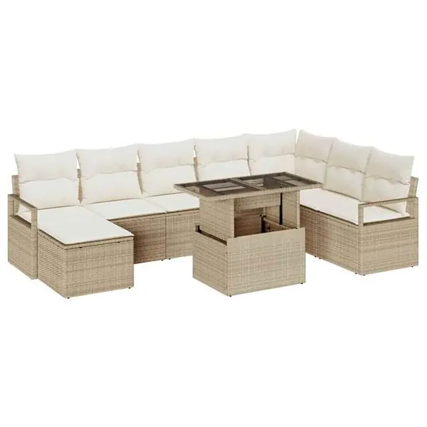 risnedsättning vidaXL Trädgårdsoffset med kudde 9 pcs beige och gräddvit