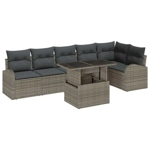 vidaXL Trädgårdsoffset med kudde med lagring 7 pcs Grå Poly rattan Begränsat antal