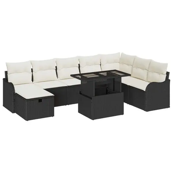vidaXL Trädgårdsoffset med kudde med lagring 9 pcs Svart Poly rattan Rabatter