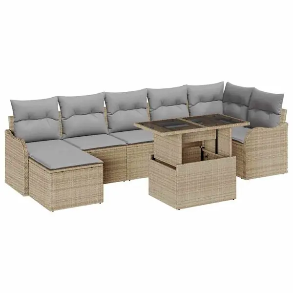 vidaXL Trädgårdsoffset med kudde med lagring 8 pcs Beige Poly rattan Billigare