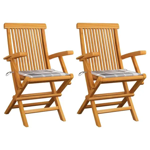 Nyhet vidaXL Trädgårdsstolar med dynor grått rutmönster 2 st massiv teak