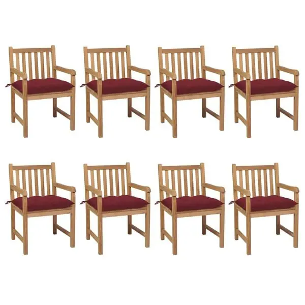 Beställ idag vidaXL Trädgårdsstolar 8 st med vinröda dynor massiv teak