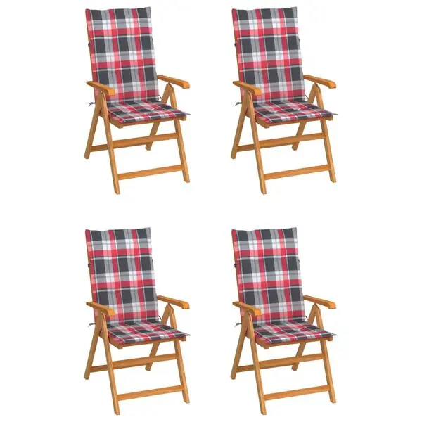 vidaXL Trädgårdsstolar rödrutiga dynor 4 st massiv teak Outlet